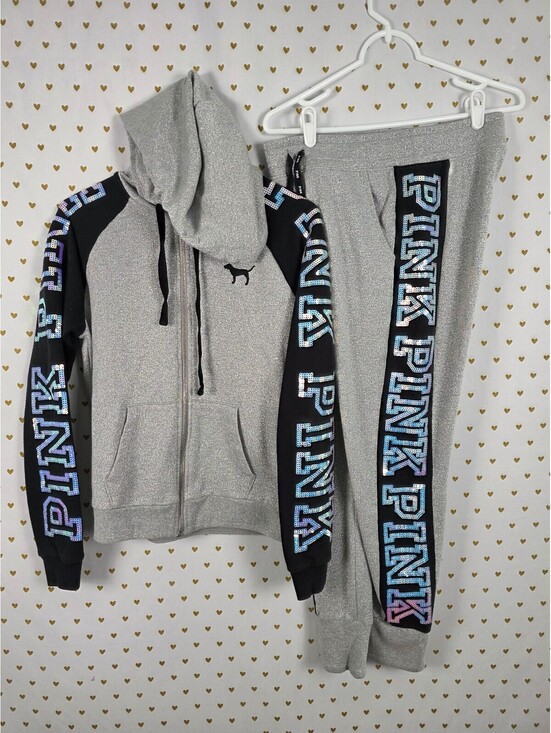 PINK Victoria's Secret Tops - Victoria's Secret PINK Silver SHINE Bling Sequin Hoodie Jogger Set SMALL Mermaid